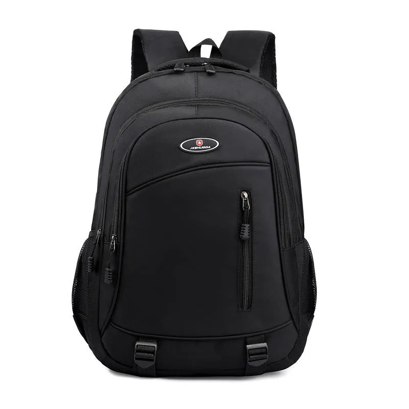 Black waterproof nylon school backpack with airpillow straps and contrast stitching detail.