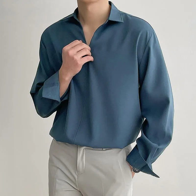 Men's loose lapels casual business shirt in polyester blend fabric with long sleeves and non-ironing finish