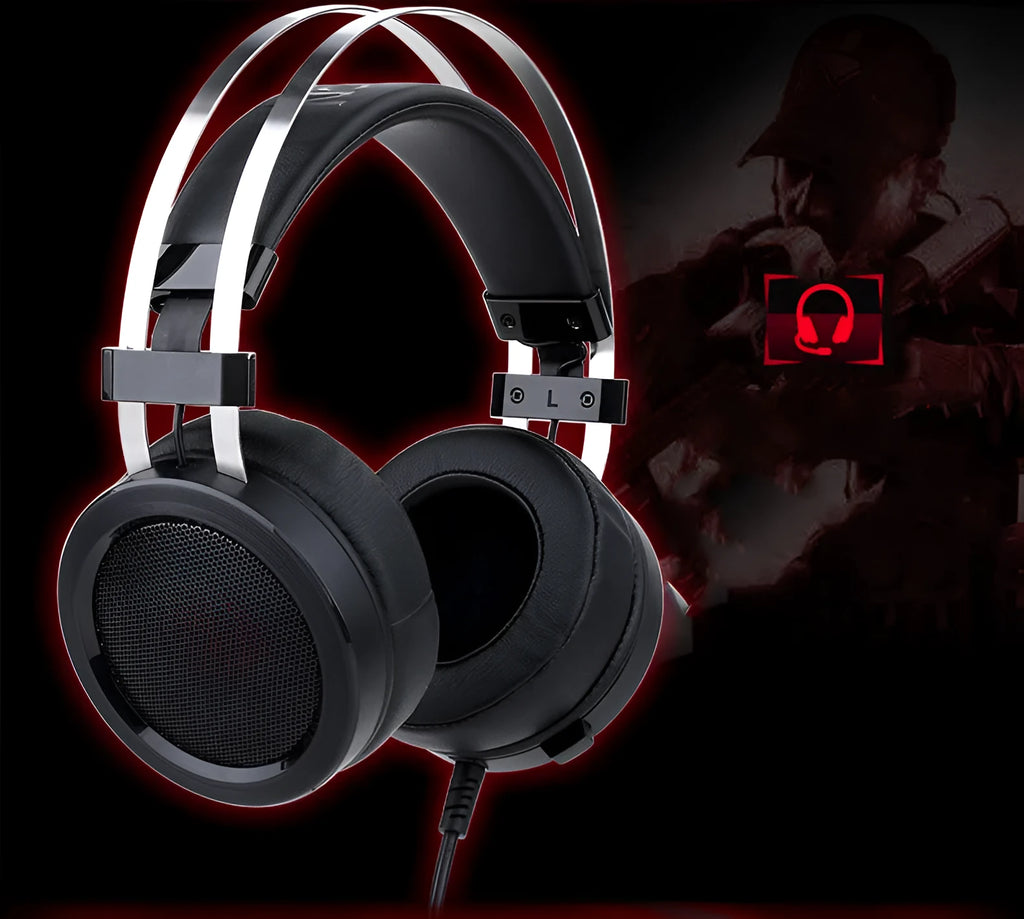 Black wired computer gaming headset with 3.5mm audio jack and 2-metre cable