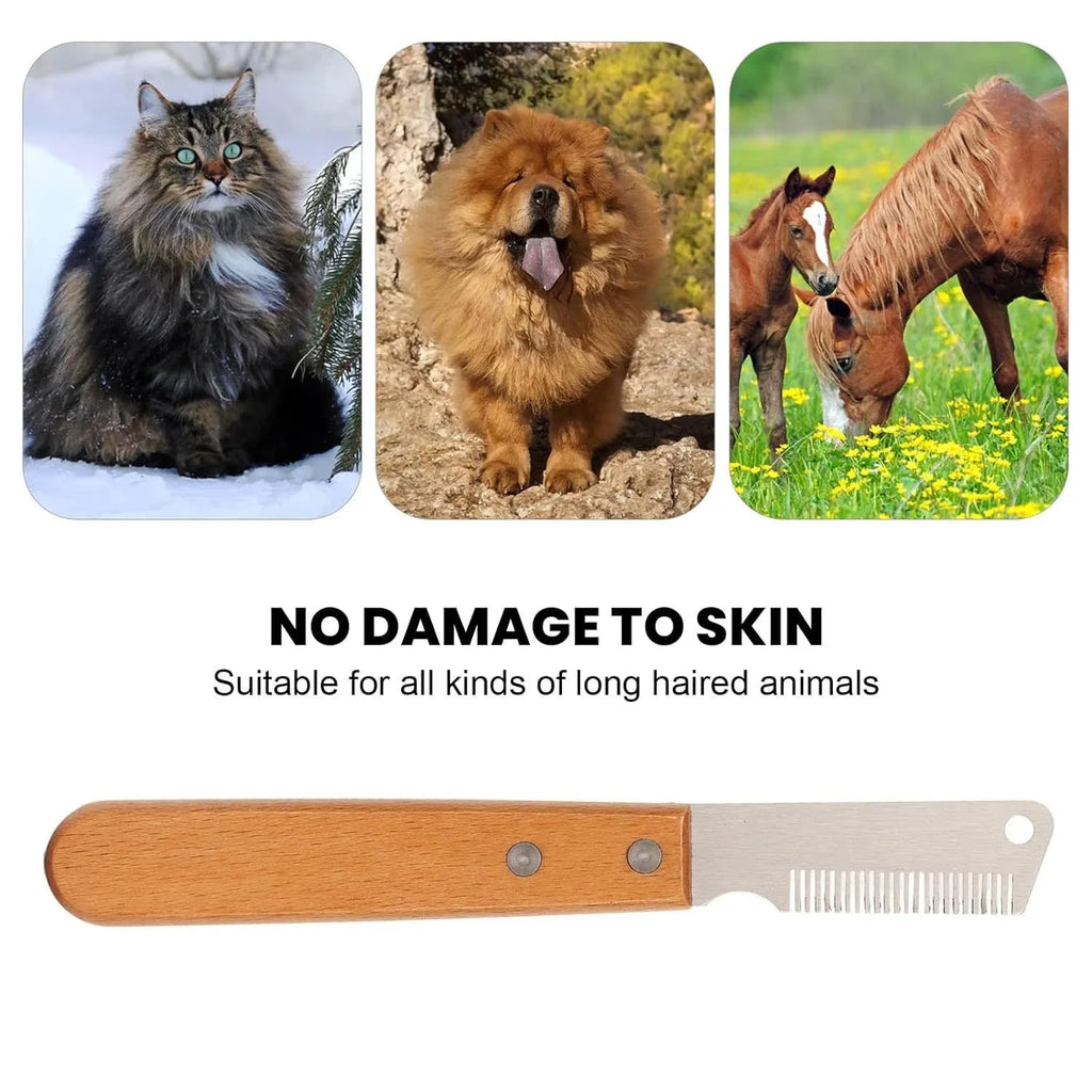Pet stripping comb with wood handle and metal fittings for dog and cat grooming, available in long or short size
