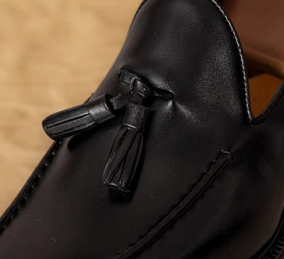 Men's black and brown genuine leather slip-on loafers with rubber soles and British style design