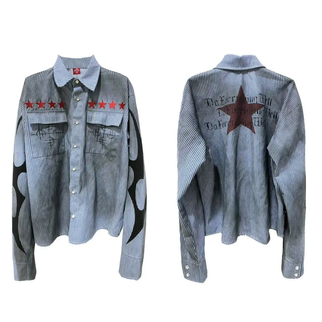 Men's washed-out blue striped cotton shirt with lapel collar and long sleeves