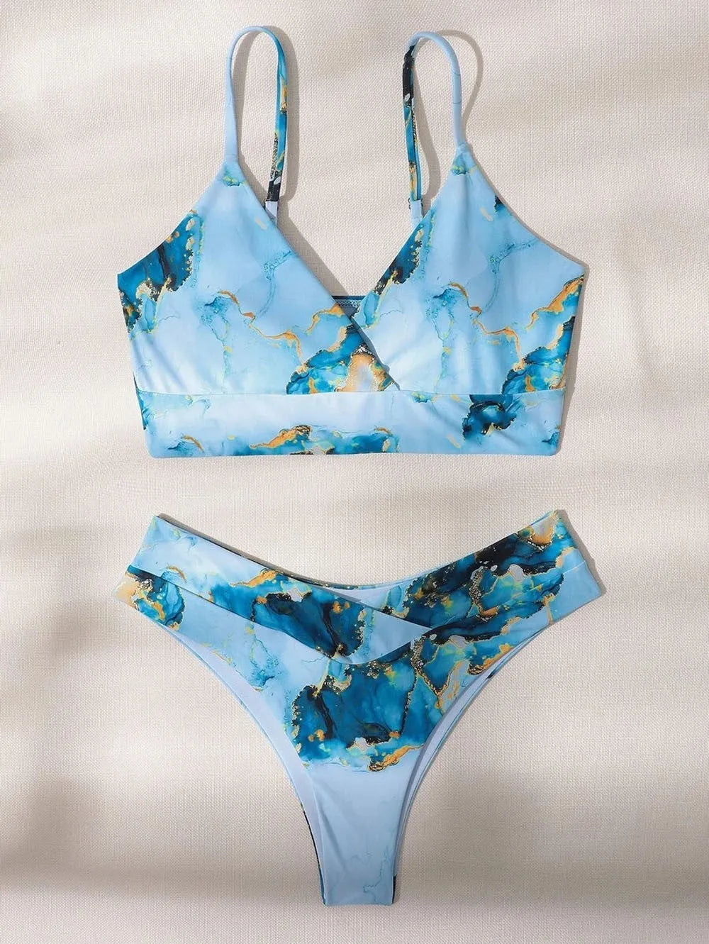 Women's marble tie-dye high waist bikini swimwear with U-neck design
