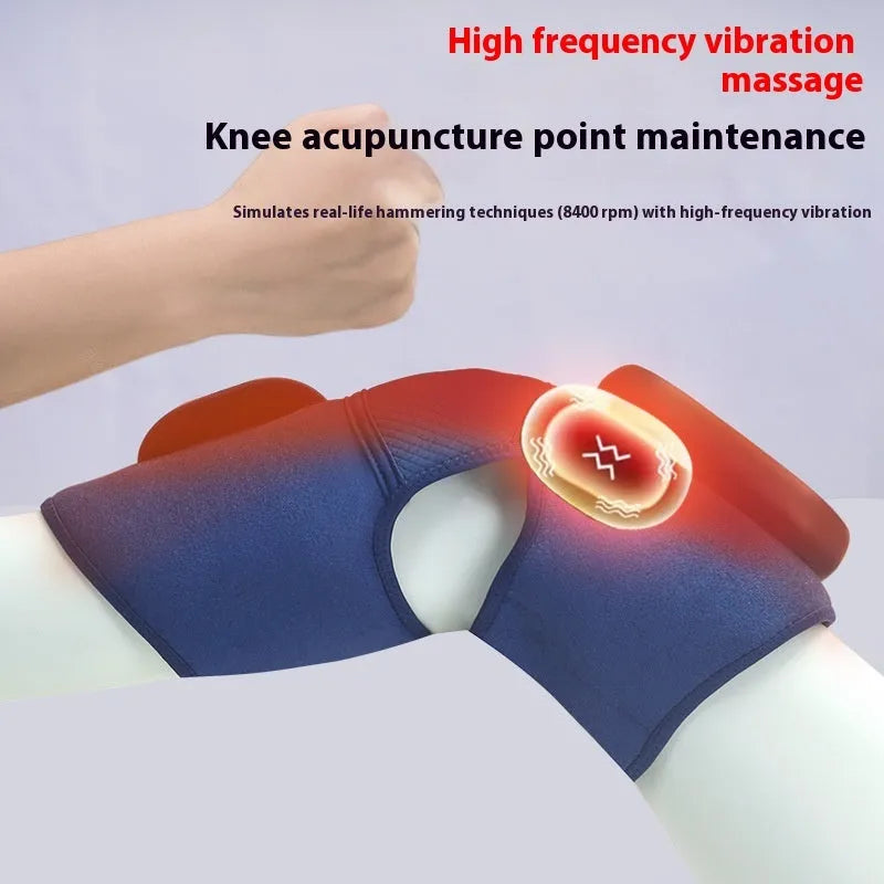 Airbag blue self-heating knee massager showing adjustable strap and control panel for heat, vibration, and air pressure functions.
