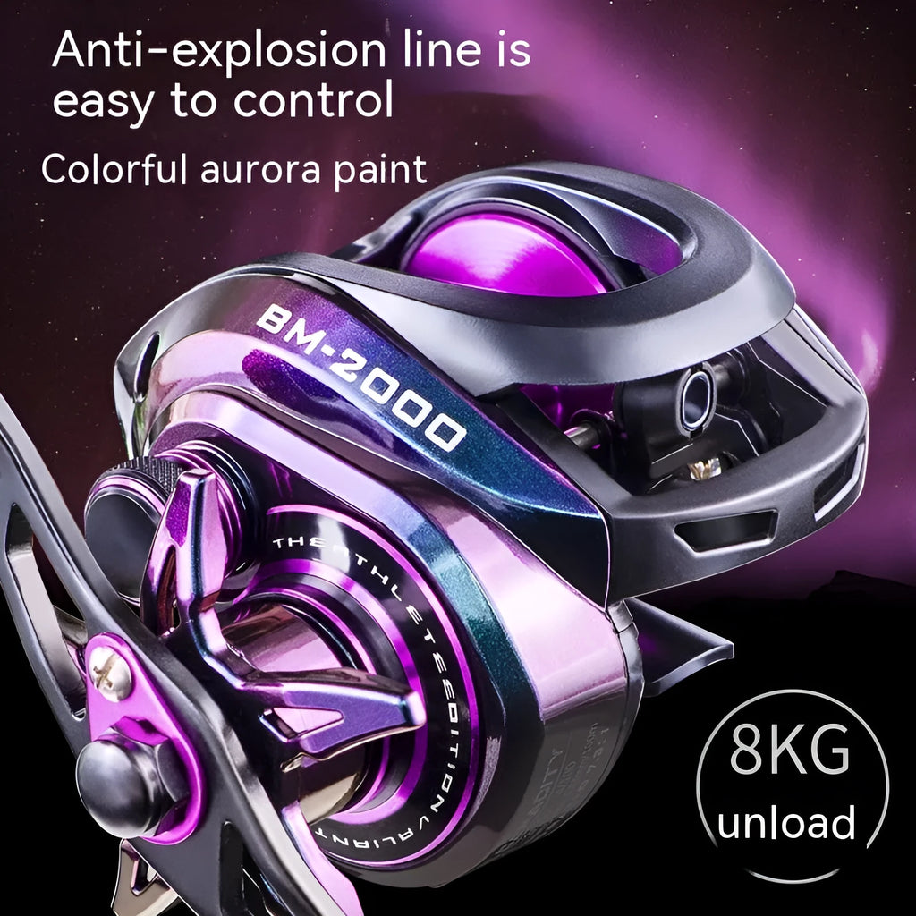 Colourful BM2000 fishing reel with water drop design and magnetic brake, shown in left and right-hand models