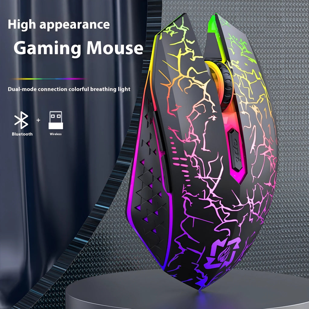 Black and white wireless gaming mouse with breathing lights and USB charging cable on desktop