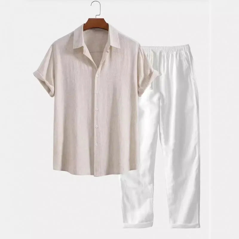 Man wearing a loose-fit short-sleeve shirt and trousers from a casual linen-blend suit set.