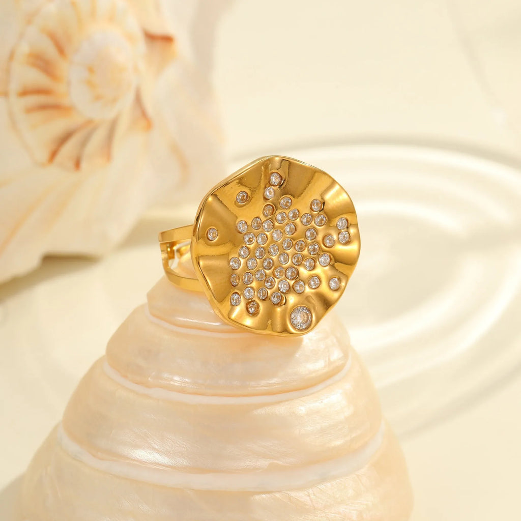 Geometric open mouth ring with pleated design and colour diamond inlays on stainless steel