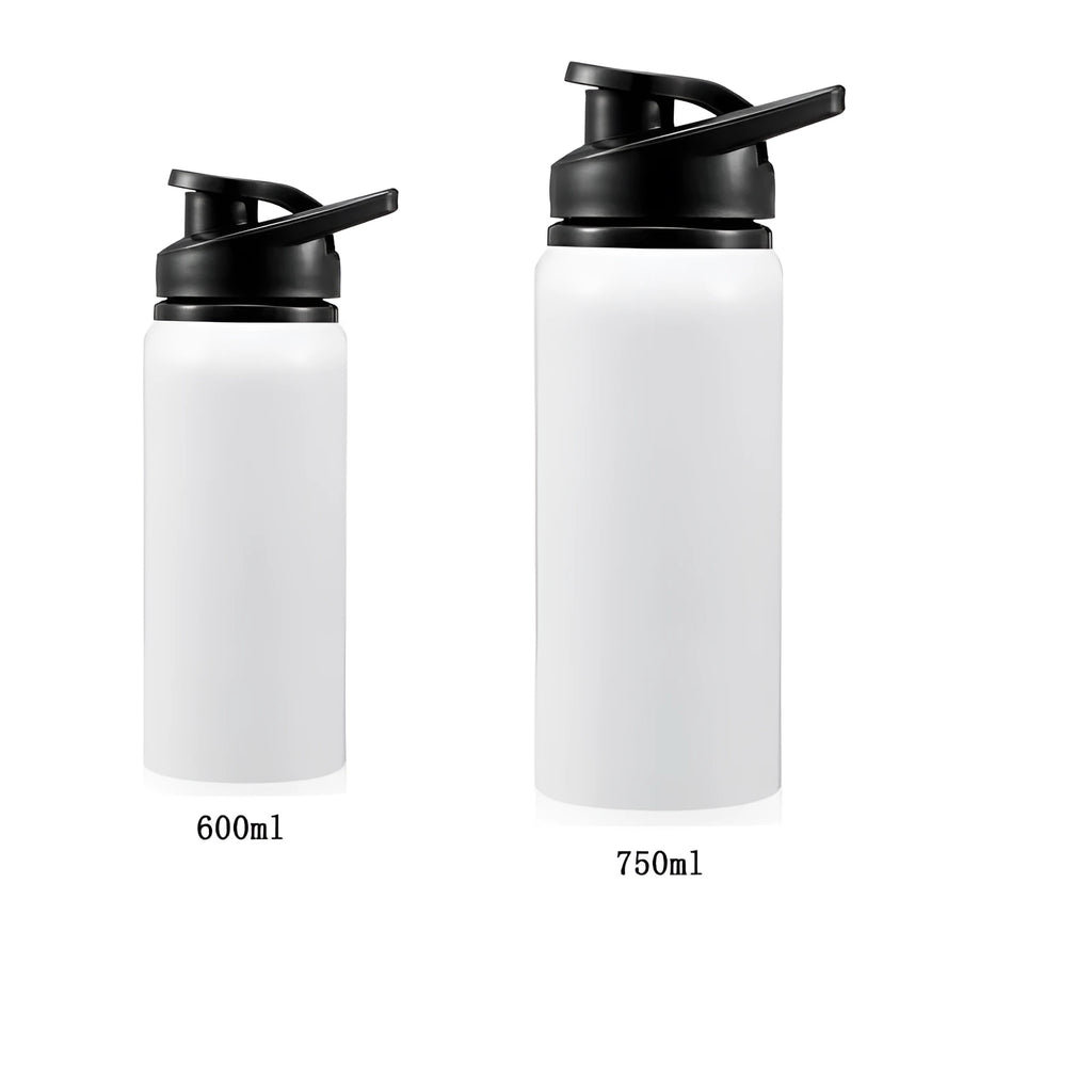 White aluminium sports water bottle for cycling with 600ml and 750ml capacity options