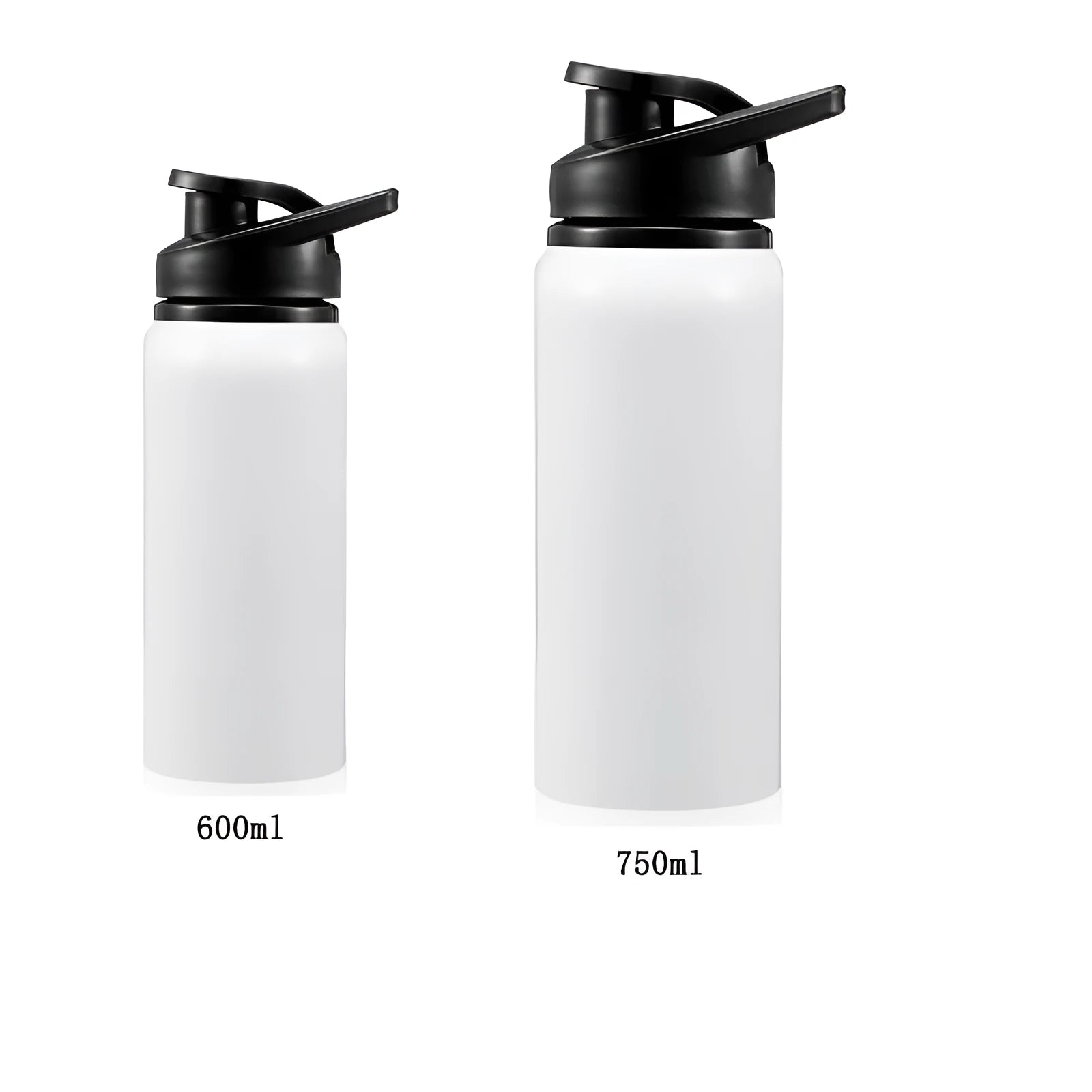 White aluminium sports water bottle for cycling with 600ml and 750ml capacity options