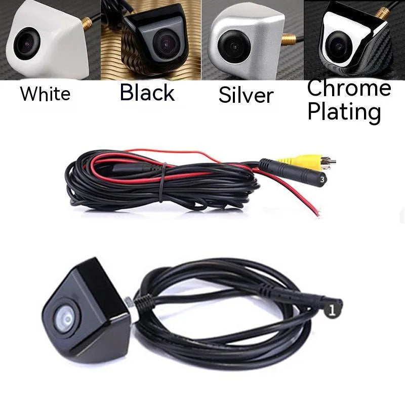 Black metal waterproof HD car rearview camera with integrated cable on a white background.