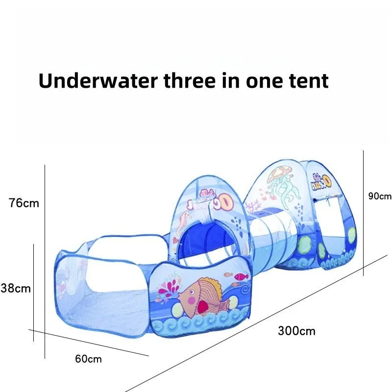 Children's three-in-one play tent set with tunnel and ball pool in cartoon submarine design