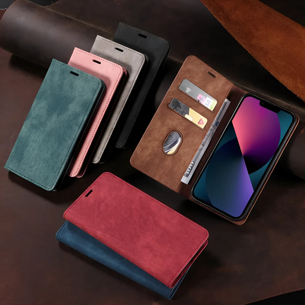 Magnetic flip phone case for iPhone in grey, made from TPU and leather with a solid colour design.
