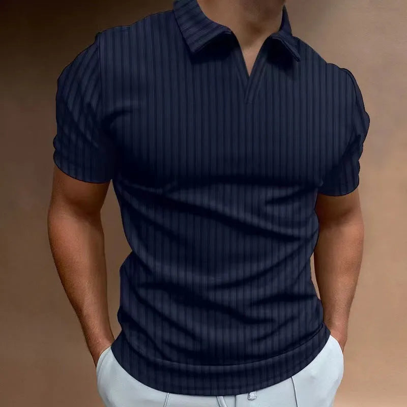 Men's striped V-neck polo shirt in a cotton blend fabric, shown in multiple colour options.