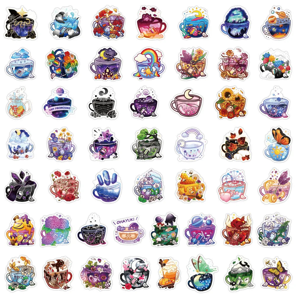50 piece pack of colourful tea cup graffiti waterproof stickers for sports scooters and luggage in Nordic style