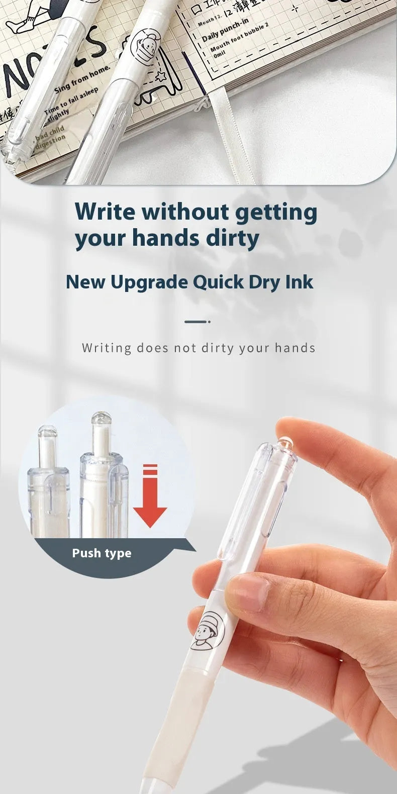 Five white and black 0.5mm ballpoint pens with quick-drying black ink for student writing