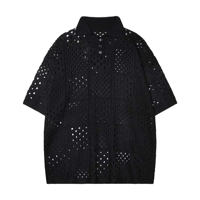 Black and white short-sleeved polo shirt with a hollow knit and loose cardigan style for teenagers.