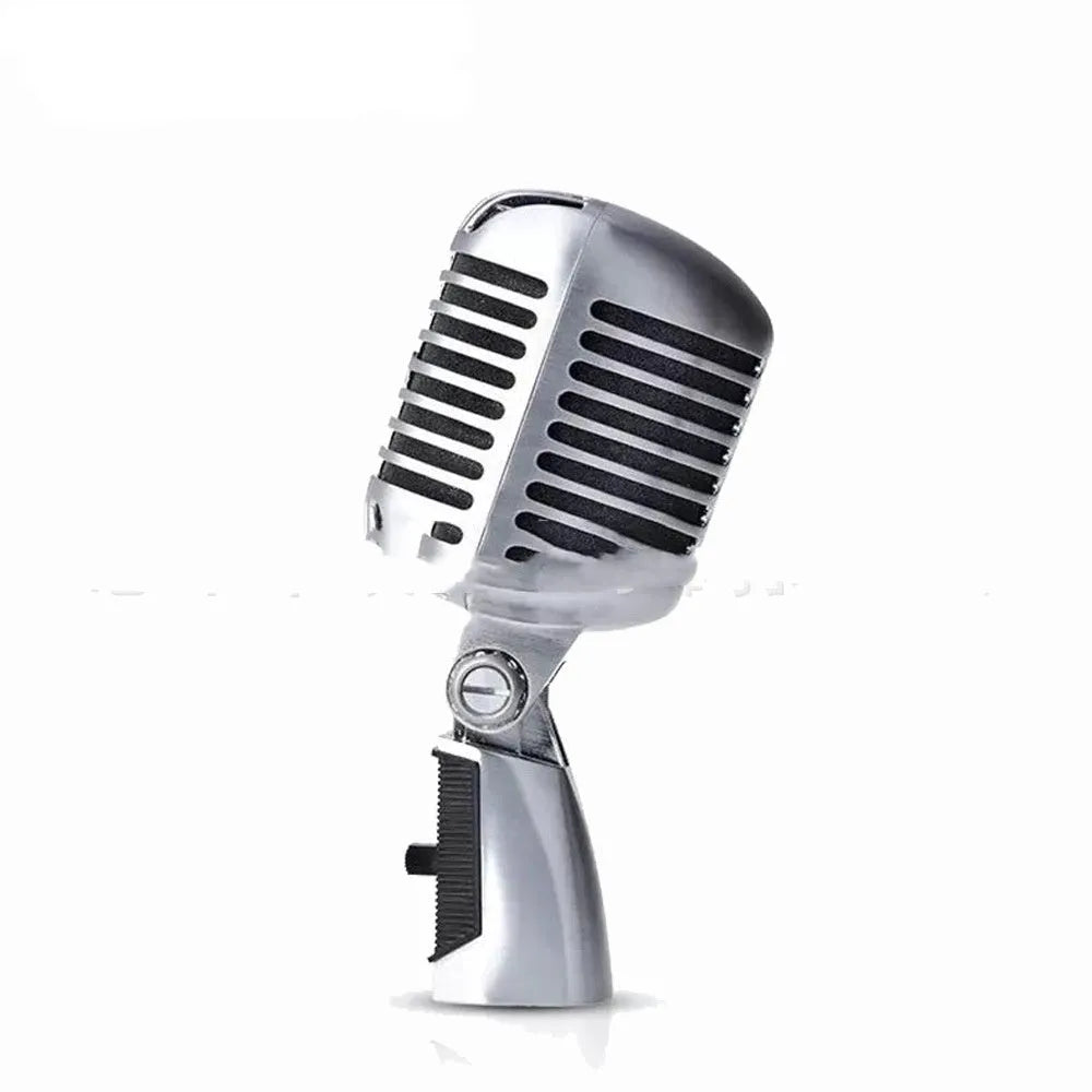 Classical retro stage microphone in gold finish with all-metal construction and heart-shaped pickup pattern