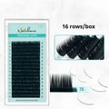 Soft velvet false eyelashes showing range of lengths from 7mm to 15mm and different curl specifications.
