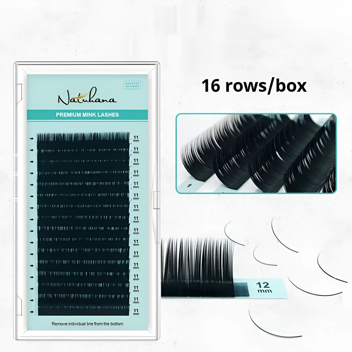 Soft velvet false eyelashes showing range of lengths from 7mm to 15mm and different curl specifications.