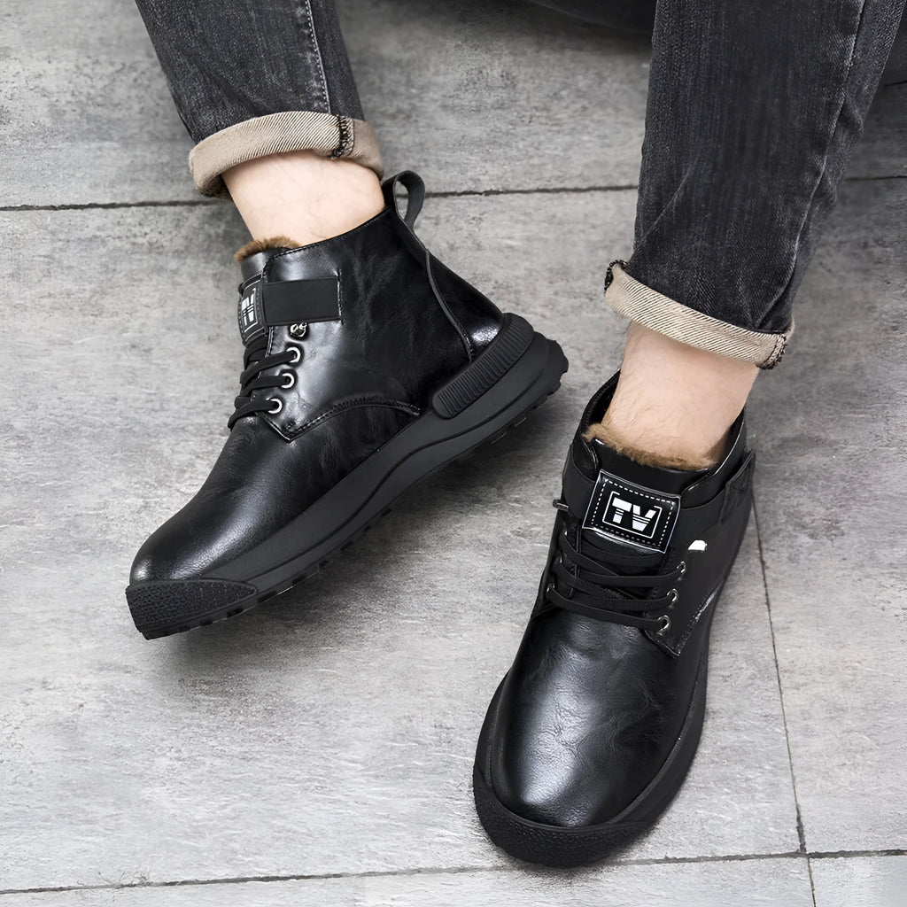 Men's black high-top platform Martin Boots with velvet upper and rubber sole