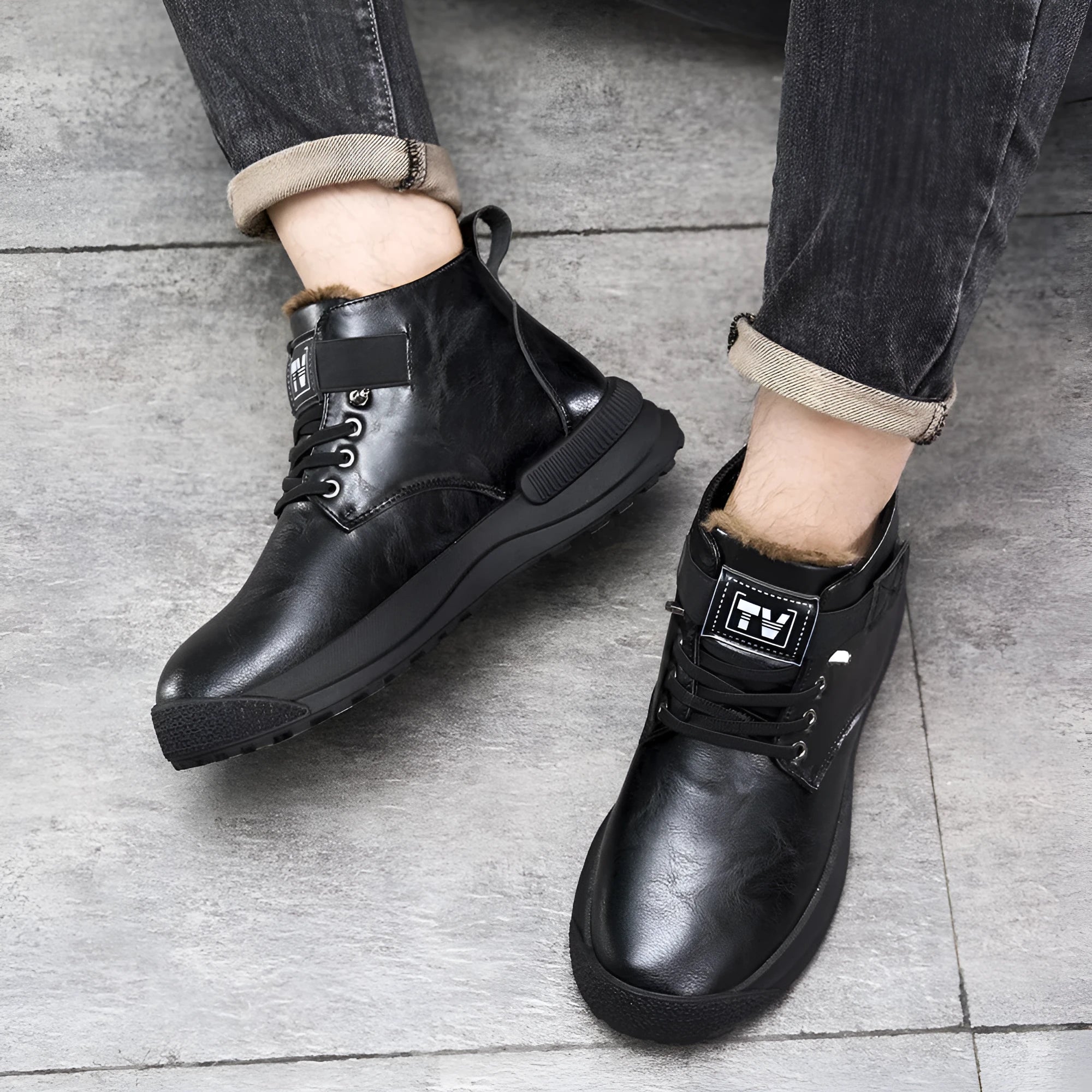 Men's black high-top platform Martin Boots with velvet upper and rubber sole