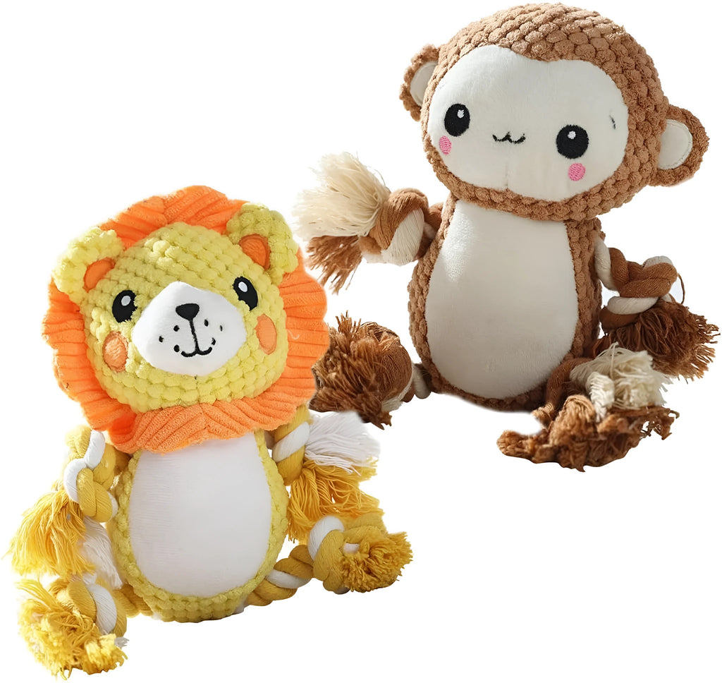 Lion and monkey plush squeaky dog toys for medium and large breeds