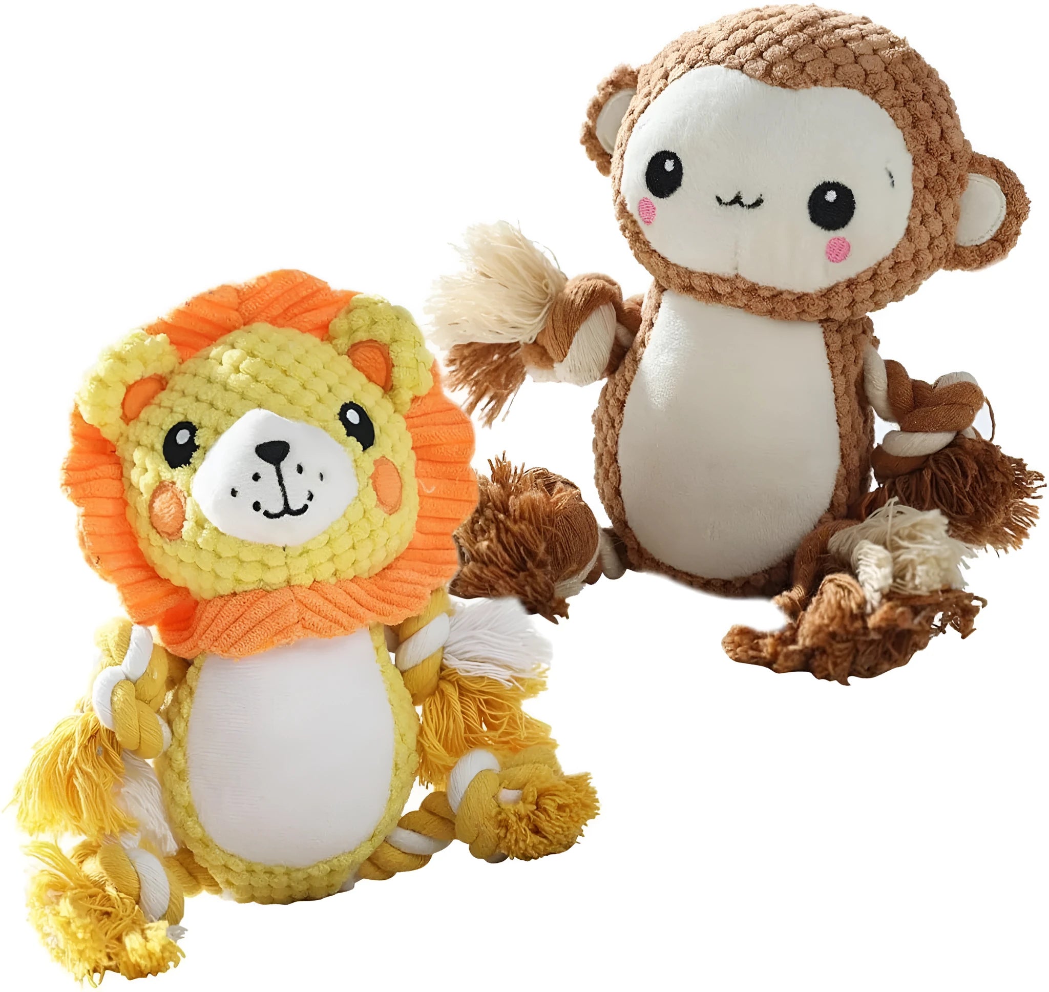 Lion and monkey plush squeaky dog toys for medium and large breeds