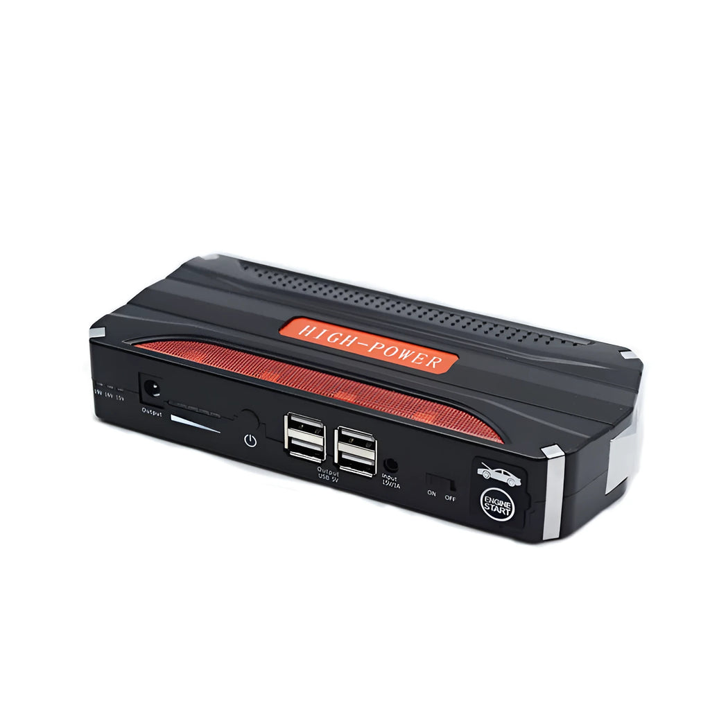 Black red 12V vehicle emergency starting power supply with 7800mAh battery and safety protection features