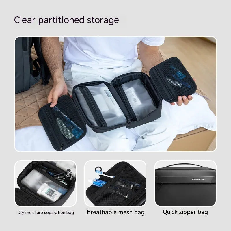 Oxford cloth toiletries storage bag with wet dry separation compartments in graphite gray colour