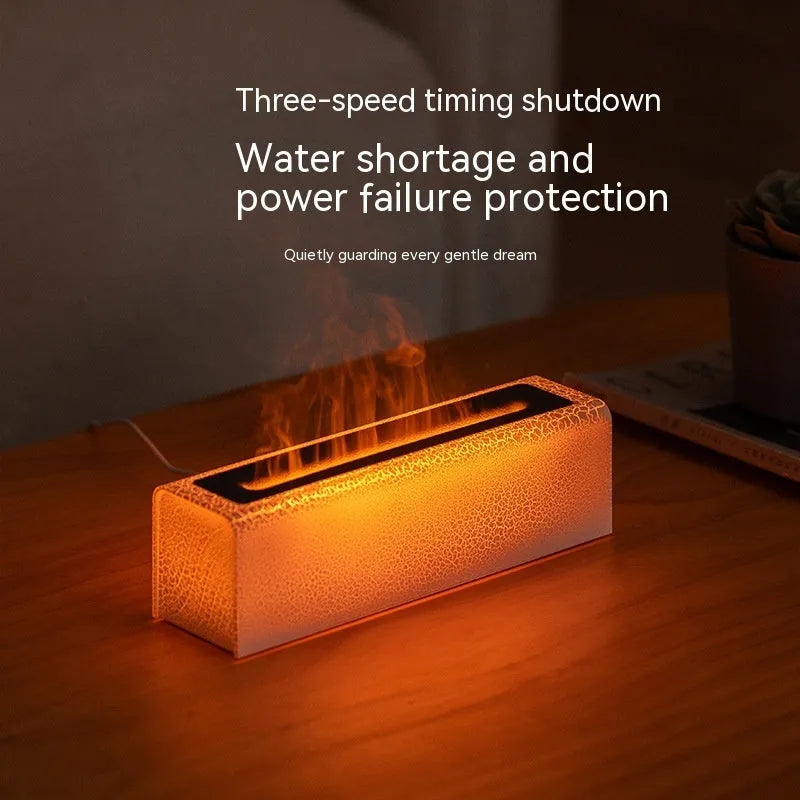 Creative square desktop humidifier and aroma diffuser with colourful flame lighting effect in black and white colour options.