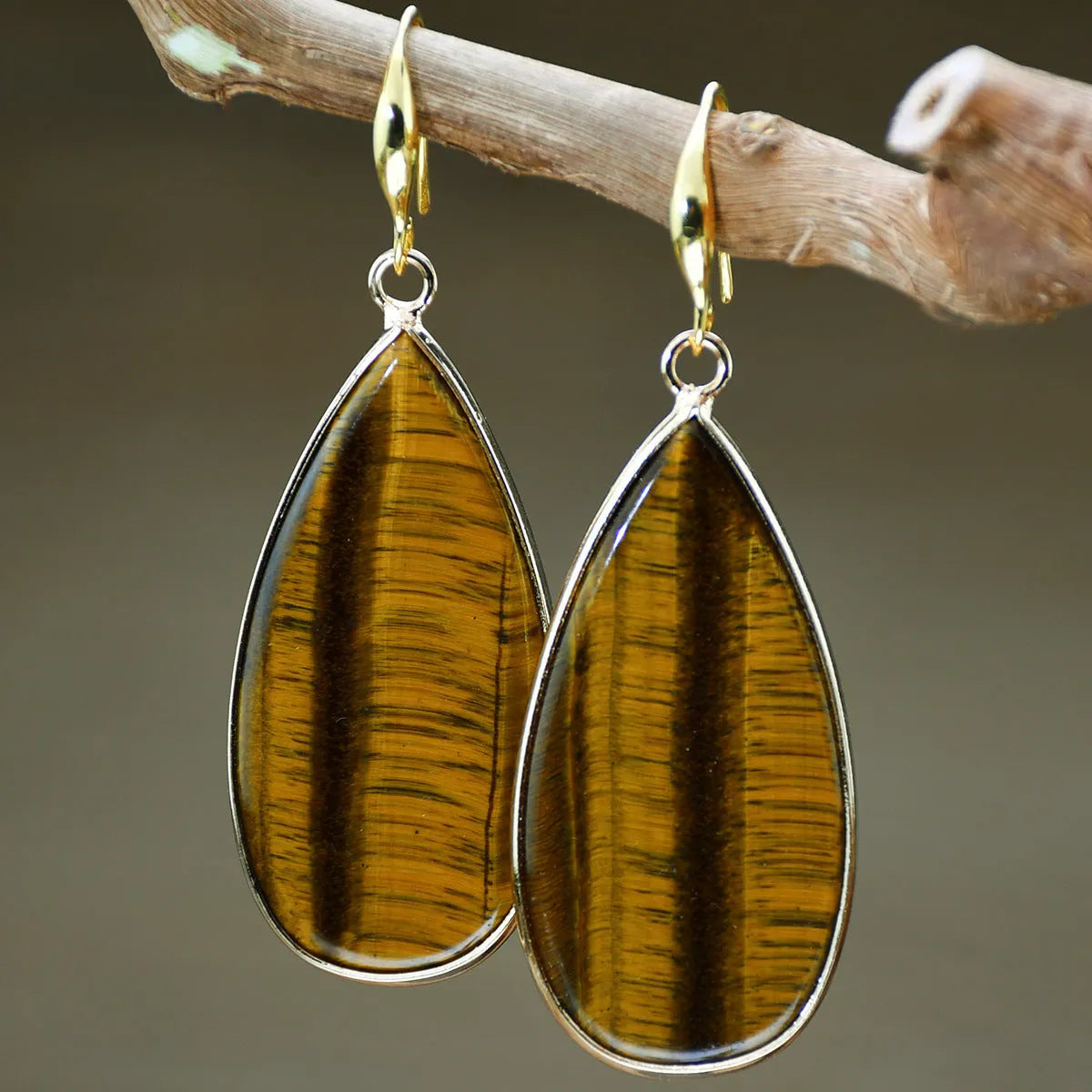 Vintage stone drop earrings with Tigereye stone and textured water droplet design