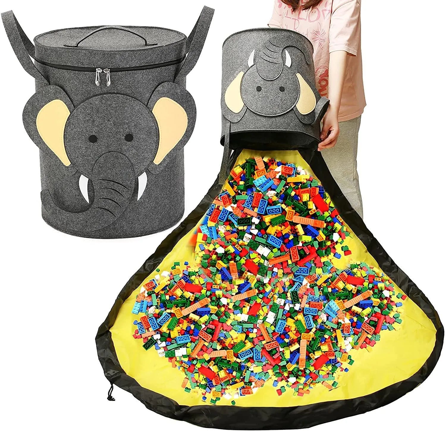 Green cube-shaped felt storage bag with pull rope, laid flat as a play mat.