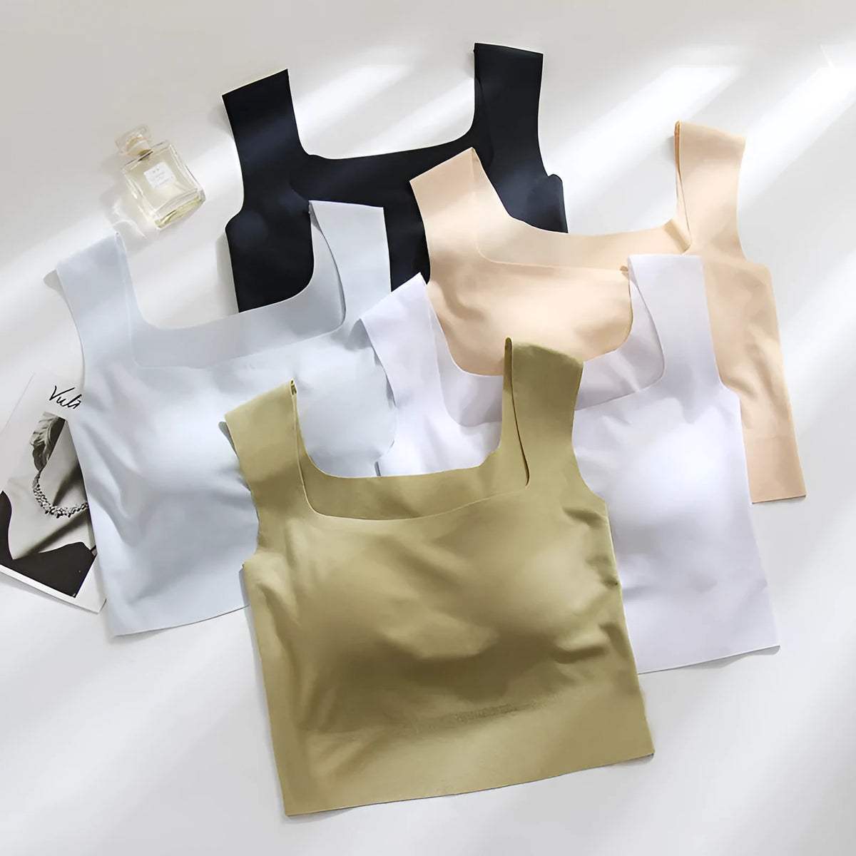 Women's seamless nylon sling vest with chest pad in five colour options