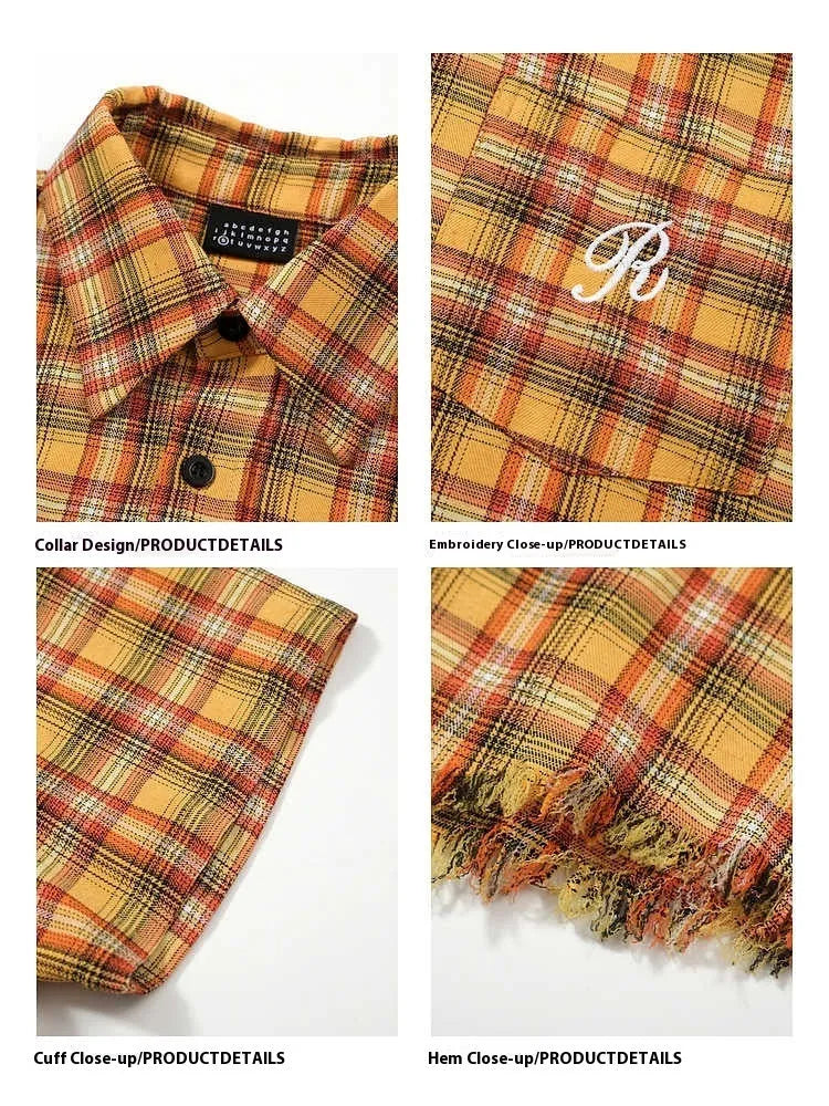 Yellow and white check short sleeve shirt with an embroidered chest pocket on a loose fit.