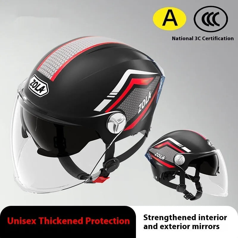 Children's 3C battery motorcycle half helmet with double mirror visor in light brown colour