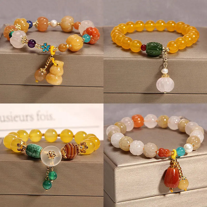 Yellow agate crystal bracelet with gold silk thread in khaki colour, Japanese Korean style women's jewellery