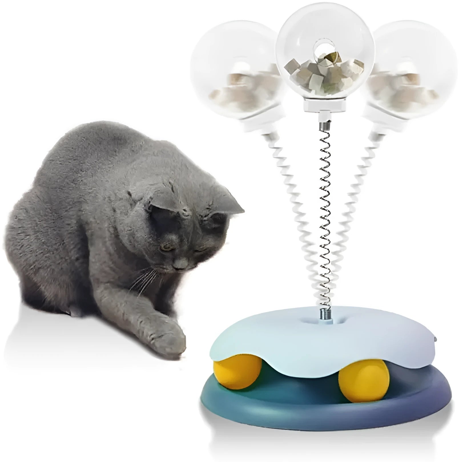 Blue and green interactive cat treat dispenser toy with track ball, measuring 21.5 by 32 cm.
