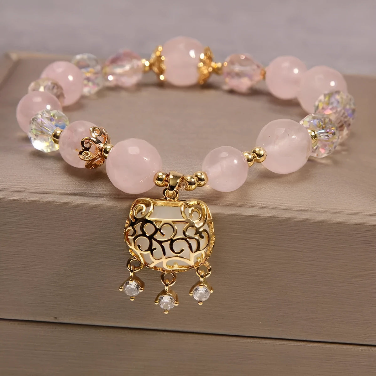 Yellow agate crystal bracelet with gold silk thread in khaki colour, Japanese Korean style women's jewellery