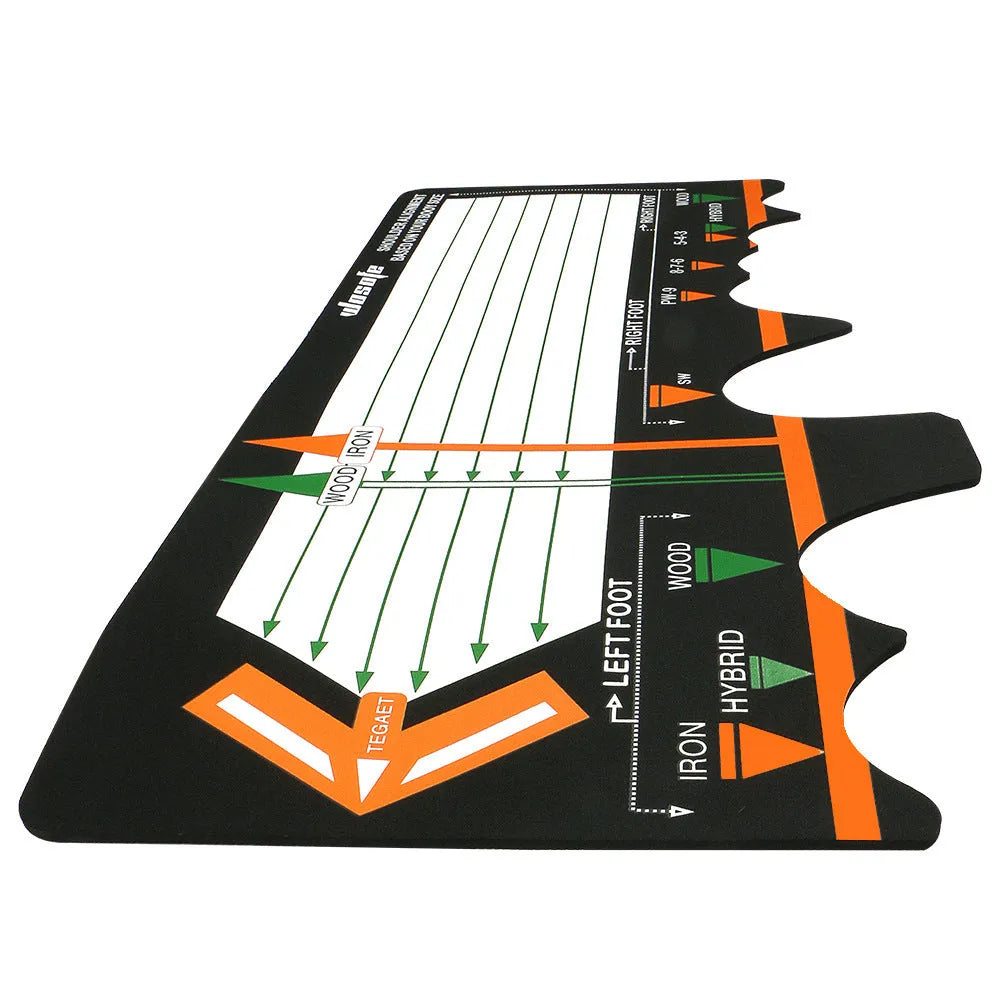 Black neoprene golf swing posture correction pad with directional alignment indicators