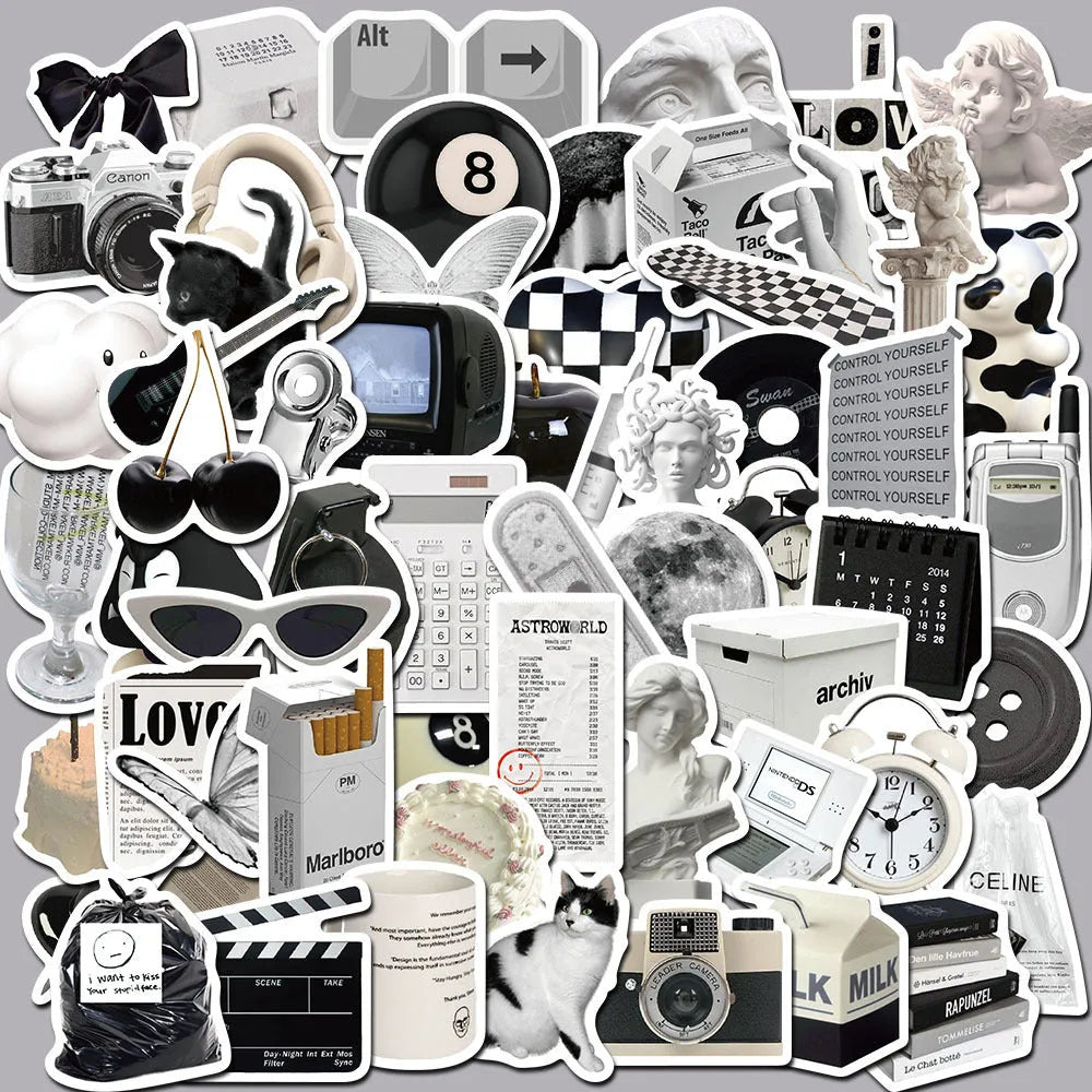 Black and white waterproof PVC sticker pack with coffee cup designs for laptops and phones