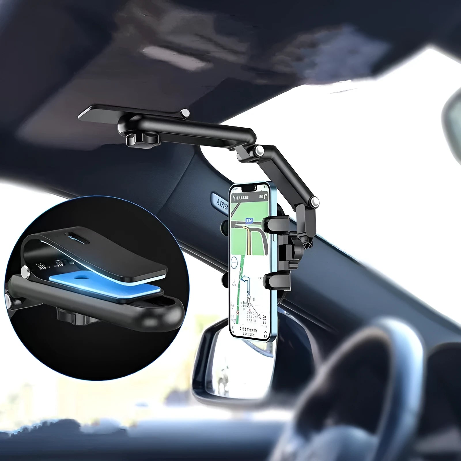 Black and green car sun visor mount with buckle attachment for rear seat installation