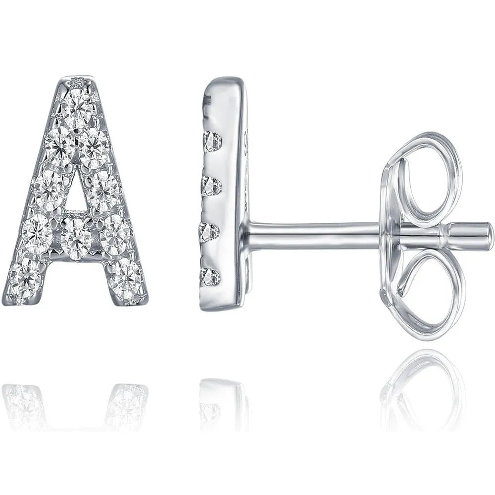 Single brass gold plated letter E earring with clear zircon stone and copper post backing