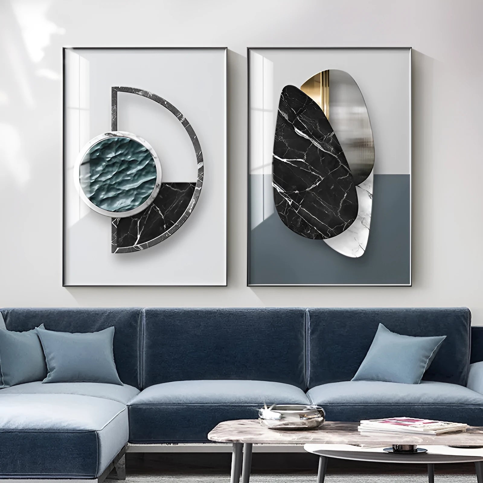 Abstract geometric pattern canvas wall art painting in a modern frame.