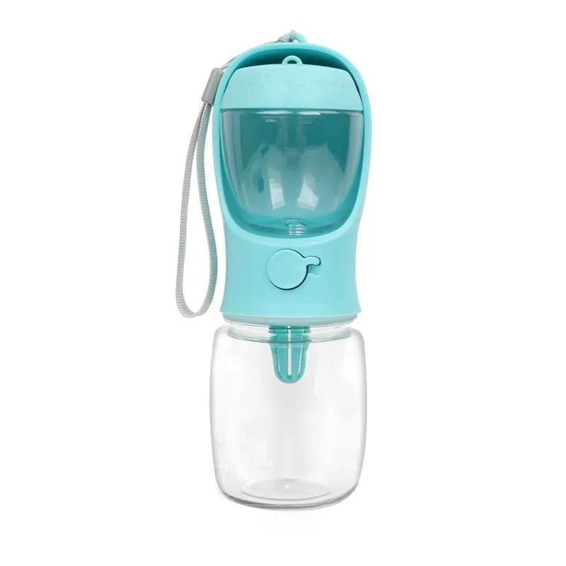 Blue portable plastic dog water bottle with fold-out drinking bowl for walks.