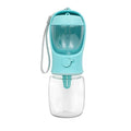 Blue portable plastic dog water bottle with fold-out drinking bowl for walks.