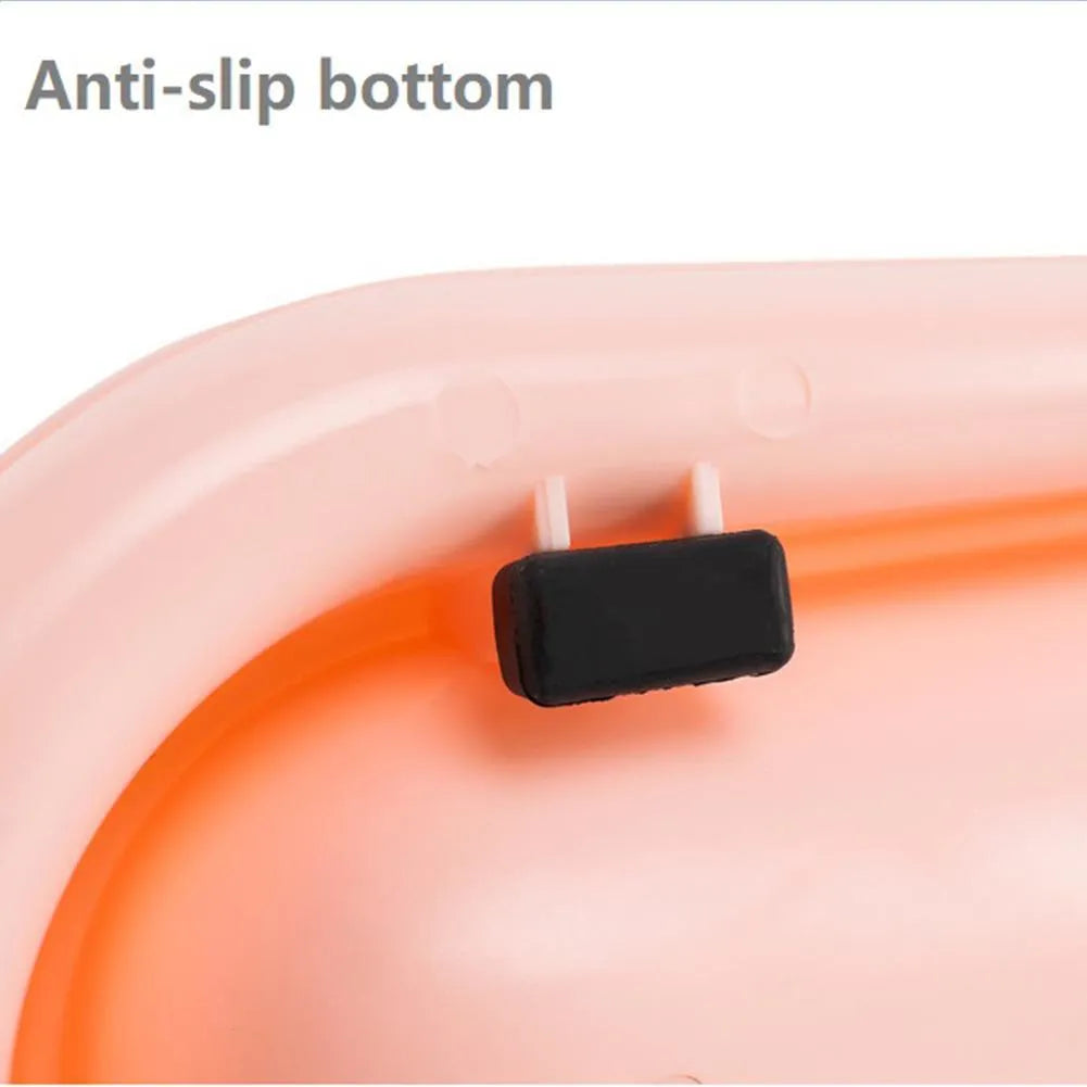 Set of four coloured plastic pet bowls with non-slip rubber bases for cats and dogs.