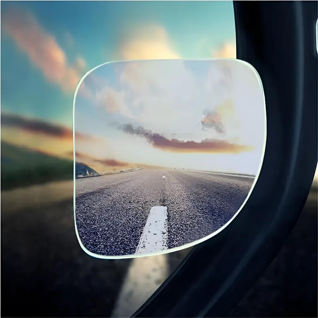 A pair of white, fan-shaped car blind spot mirrors with a 360-degree adjustable mounting bracket.