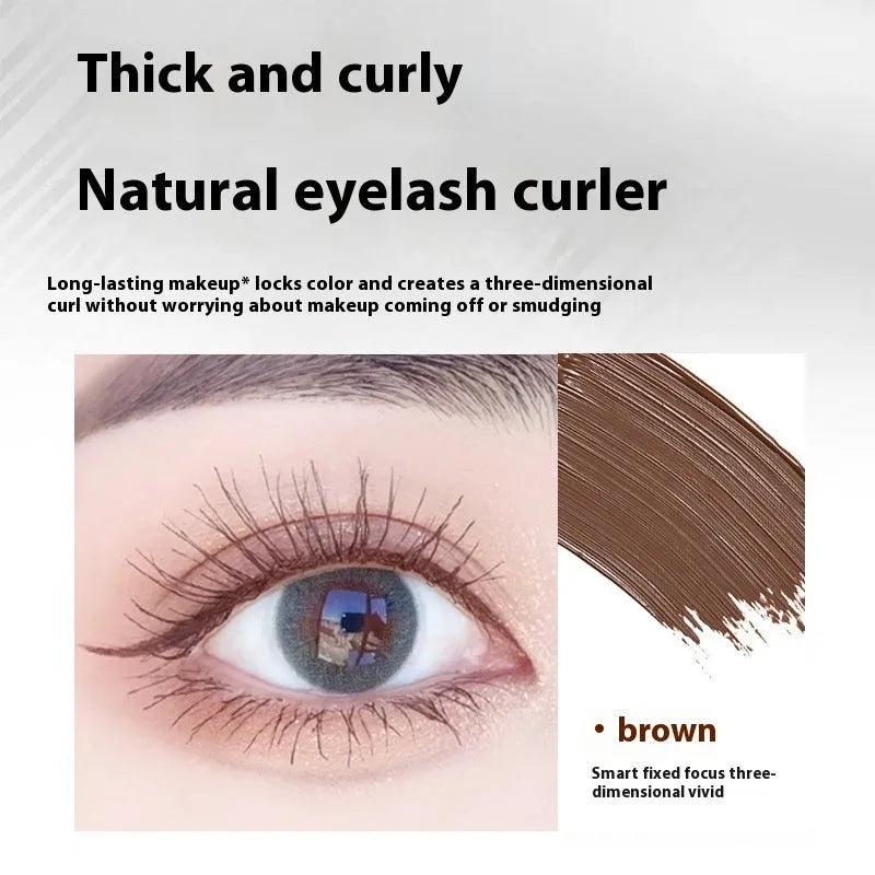 Waterproof mascara with steel tube and brush, shown in black and brown colour options, some sets include an eyelash curler.