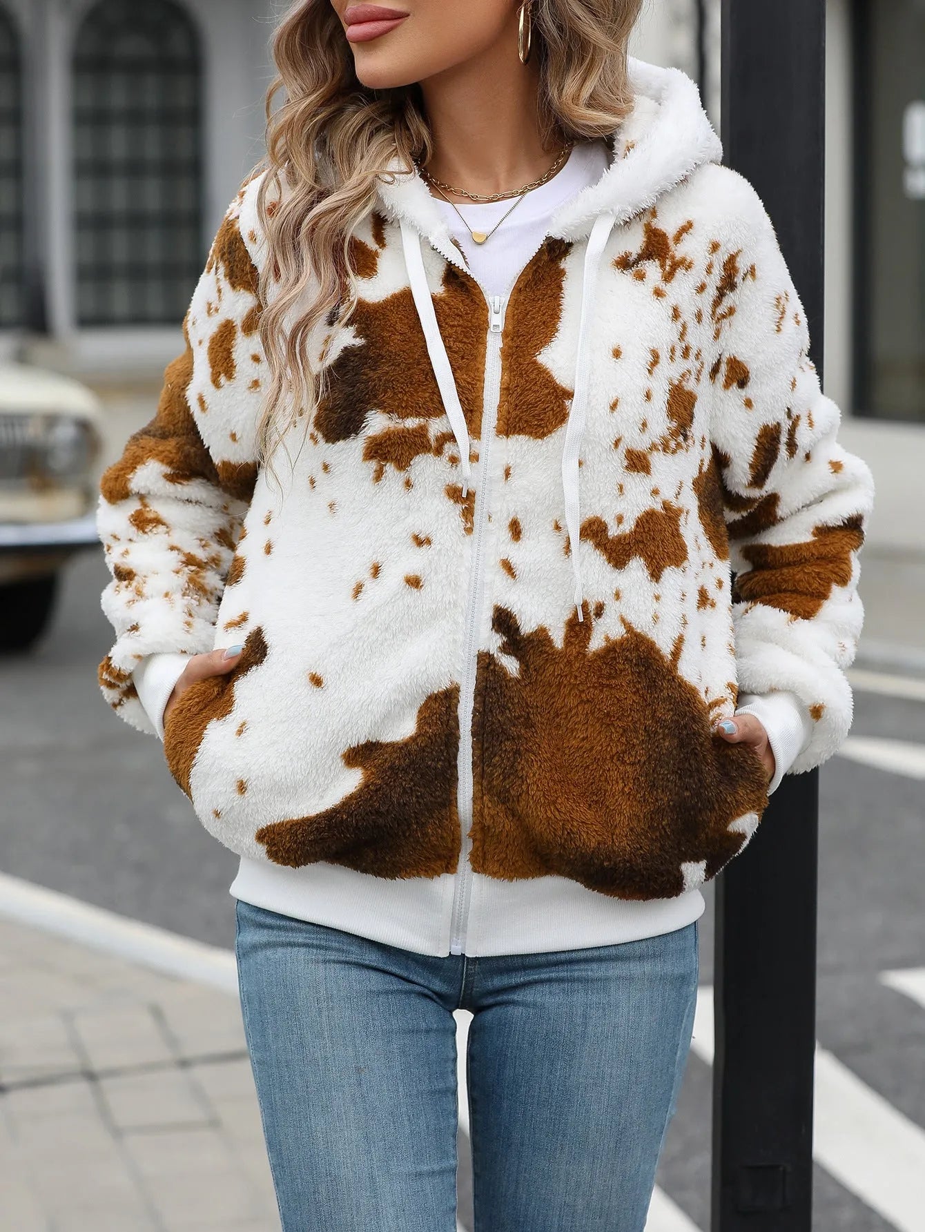 Yellow brown cow print hooded cardigan jacket with full zipper and regular sleeves
